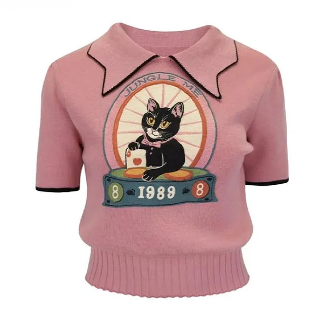 'Jungle Me' Cat Embroidery Short Sleeve Knitwear Top