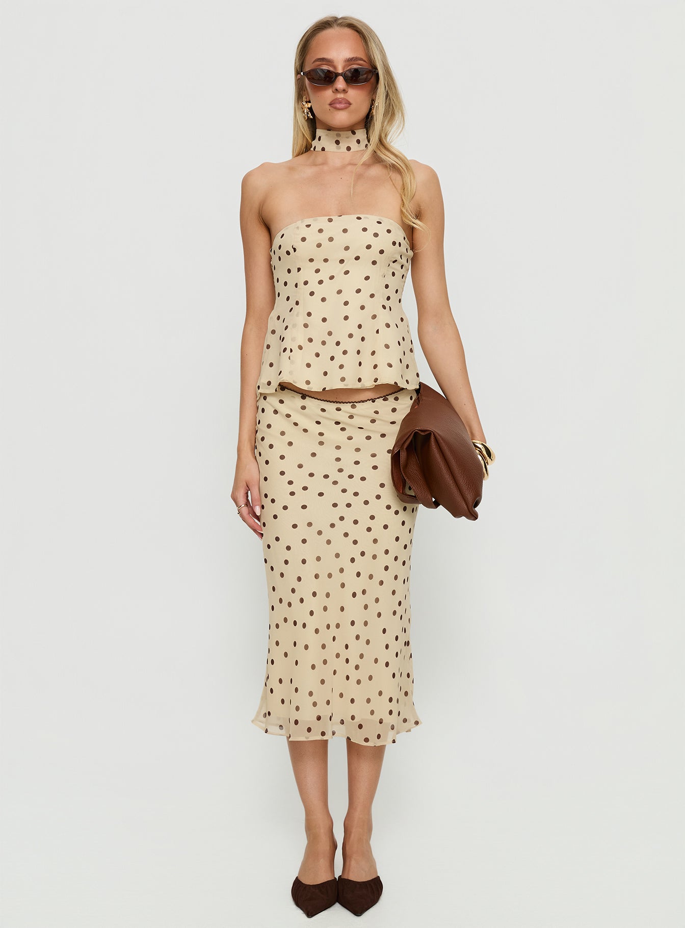 Sydni scarf detail strapless top Yellow / Chocolate Polka Dot