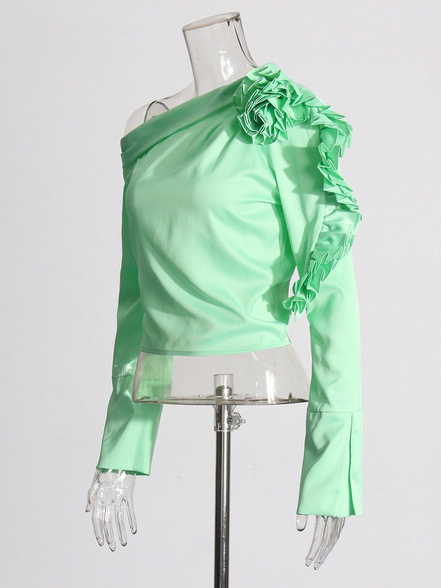 Diagonal Shoulder 3D Flower Splicing Shirt