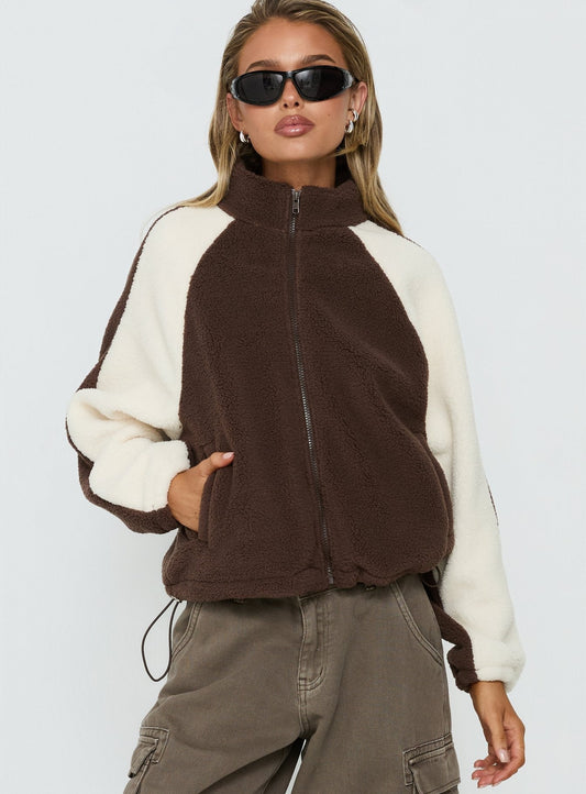 Fair Play Funnel Neck Zip Jacket Brown / Cream