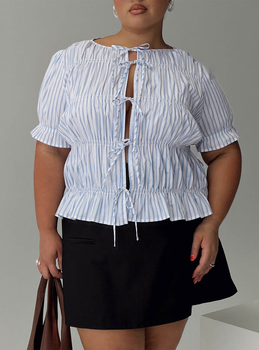 Alistair Bow Tie Top Blue / White Stripe Curve