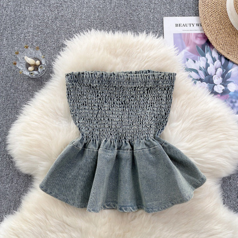 Elastic Denim Ruffle Tube Top