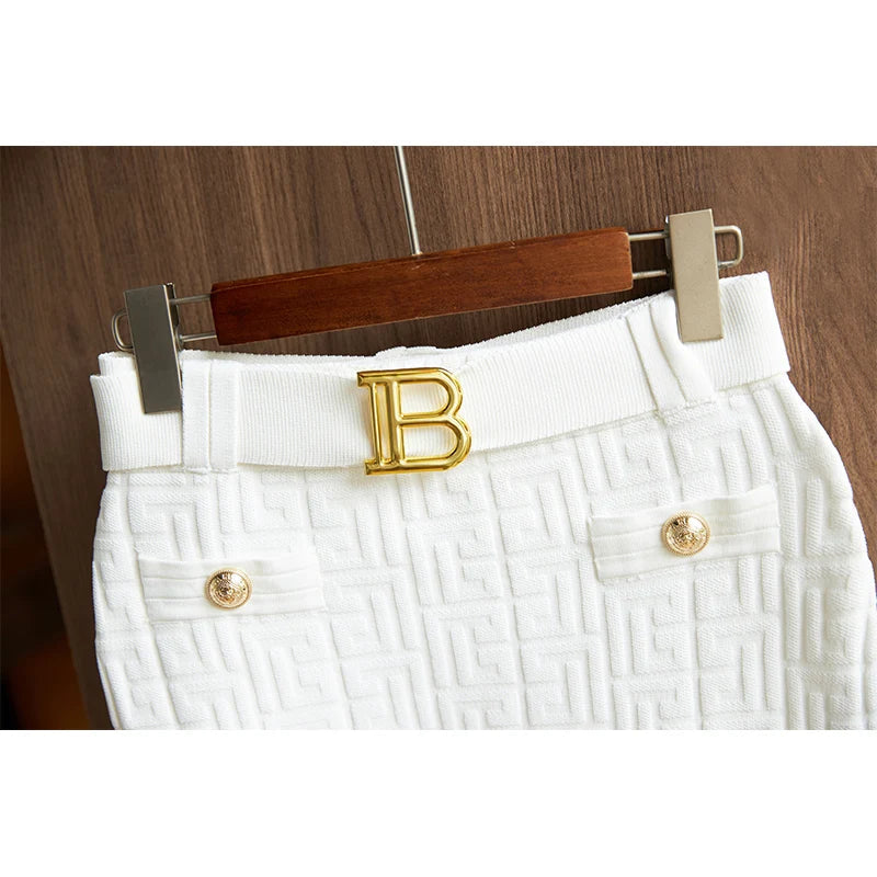 Jacquard Knitted Long Sleeve Collar Top + Mini Skirt Set