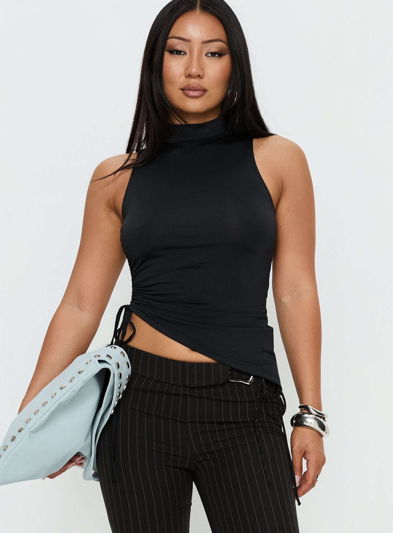 Saveria Tie Detail High Neck Top Black
