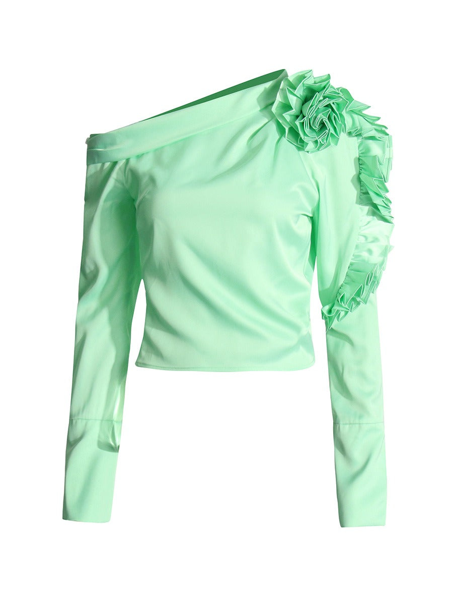 Diagonal Shoulder 3D Flower Splicing Shirt
