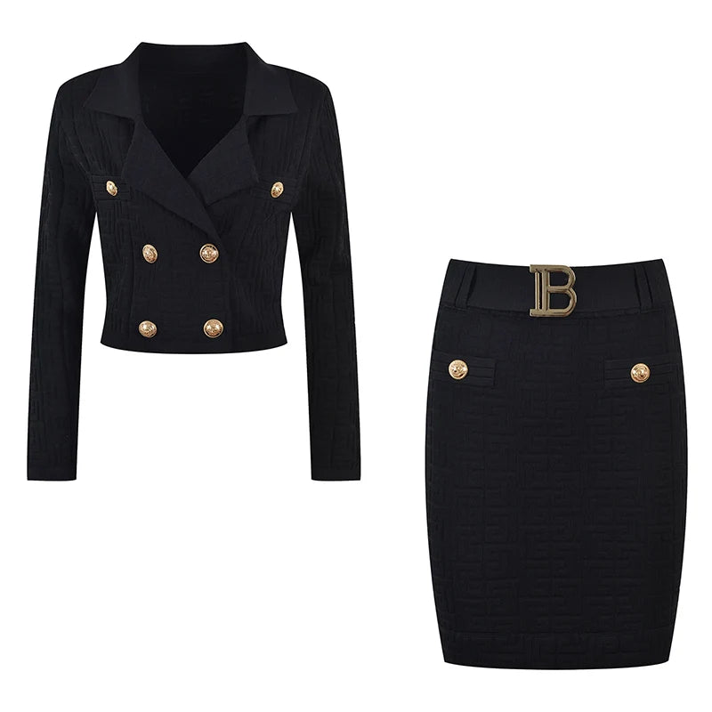 Jacquard Knitted Long Sleeve Collar Top + Mini Skirt Set