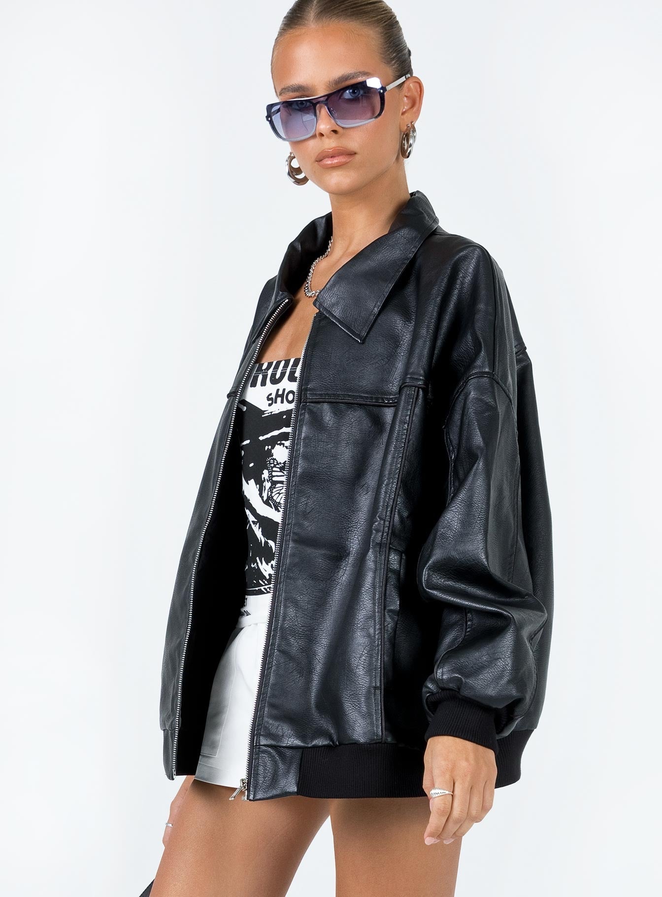 Goldsmith Faux Leather Bomber Jacket Black Petite