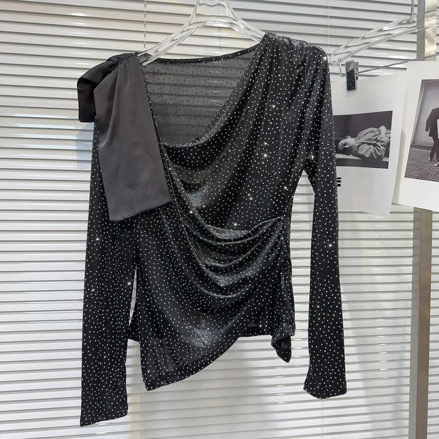 Hot Diamond Slanted Neck Pleated Mesh Top