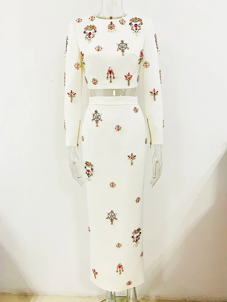 Flower Diamond Inlaid Short Top + Midi Skirt Set