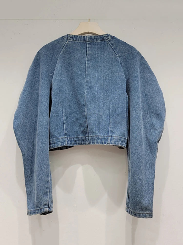 Diamond Bubble Sleeve Round Neck Short Denim Top