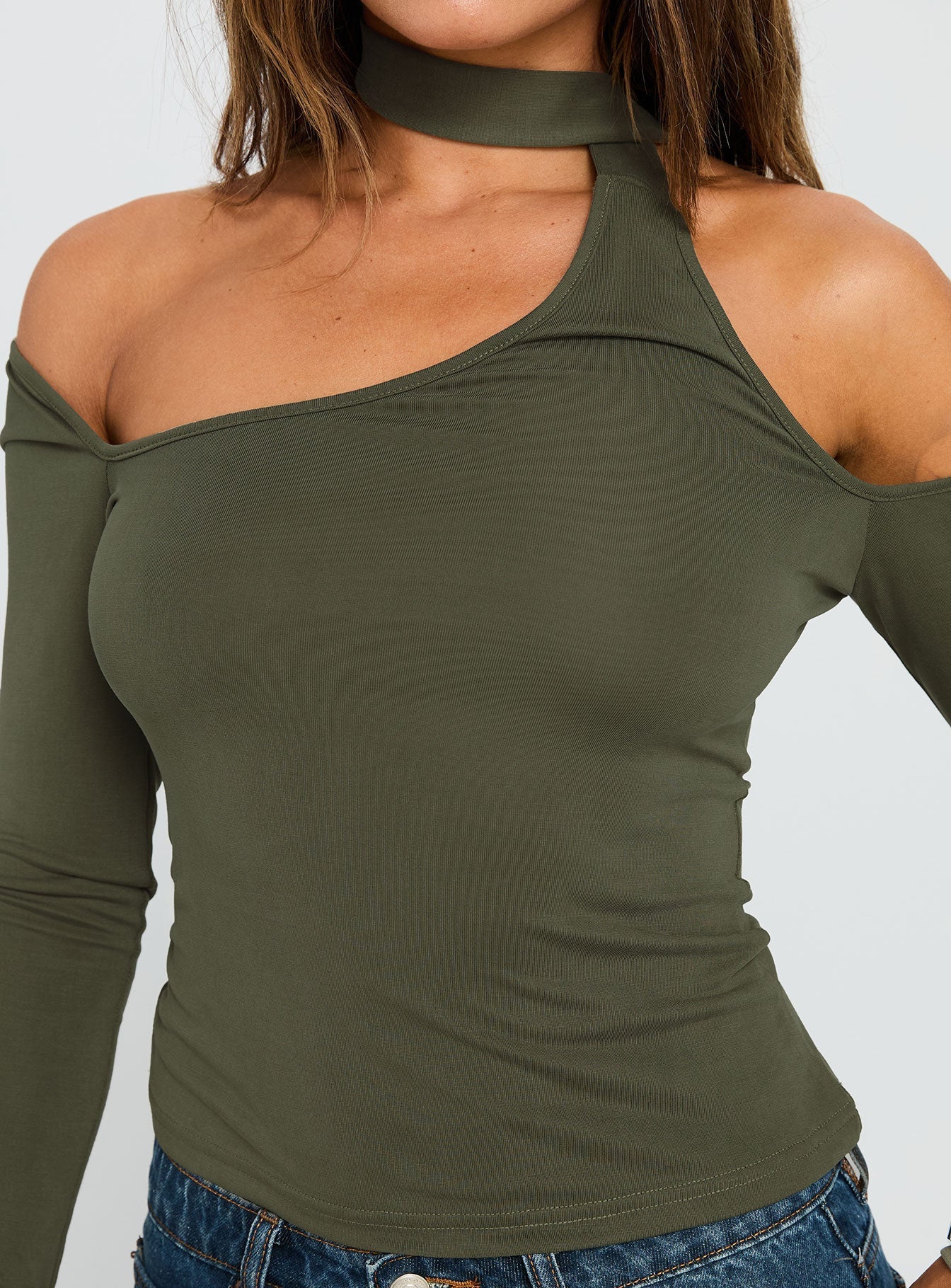 Radio Silent Scarf Tie Long Sleeve Top Dark Green
