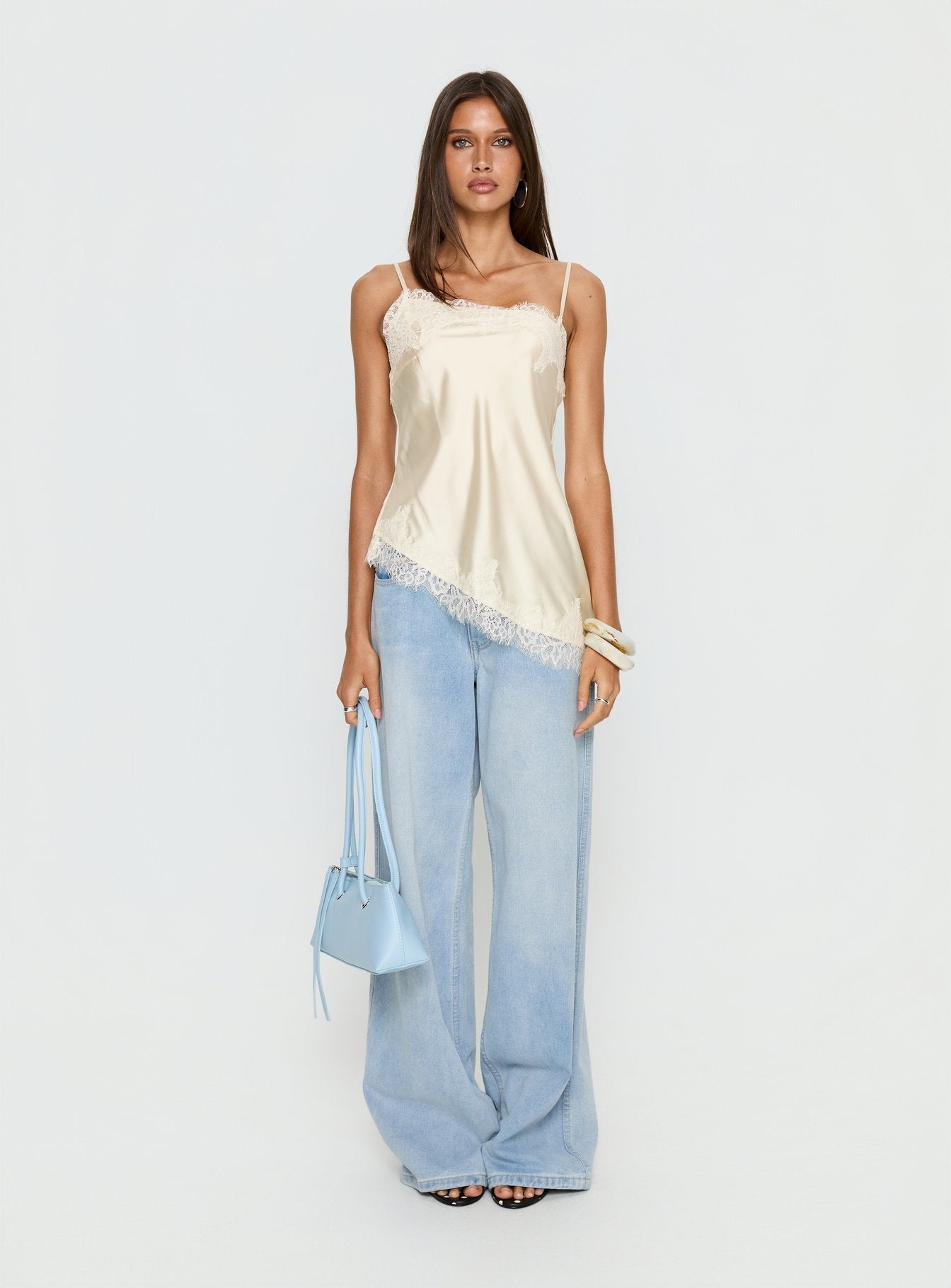 Winta Lace Trim Asymmetrical Satin Top Cream