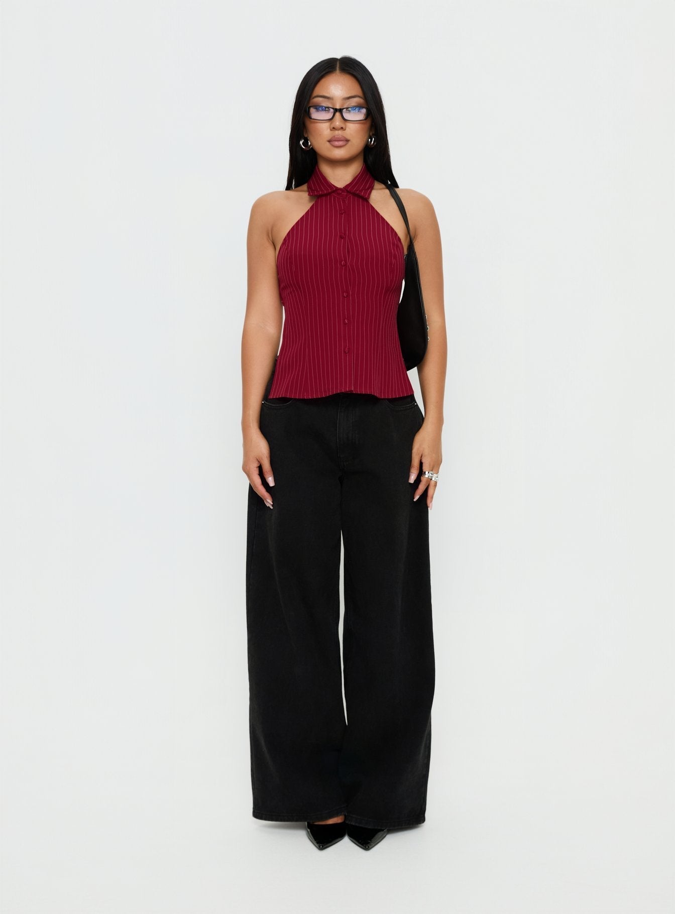 Roanne Backless Collared Top Red Stripe