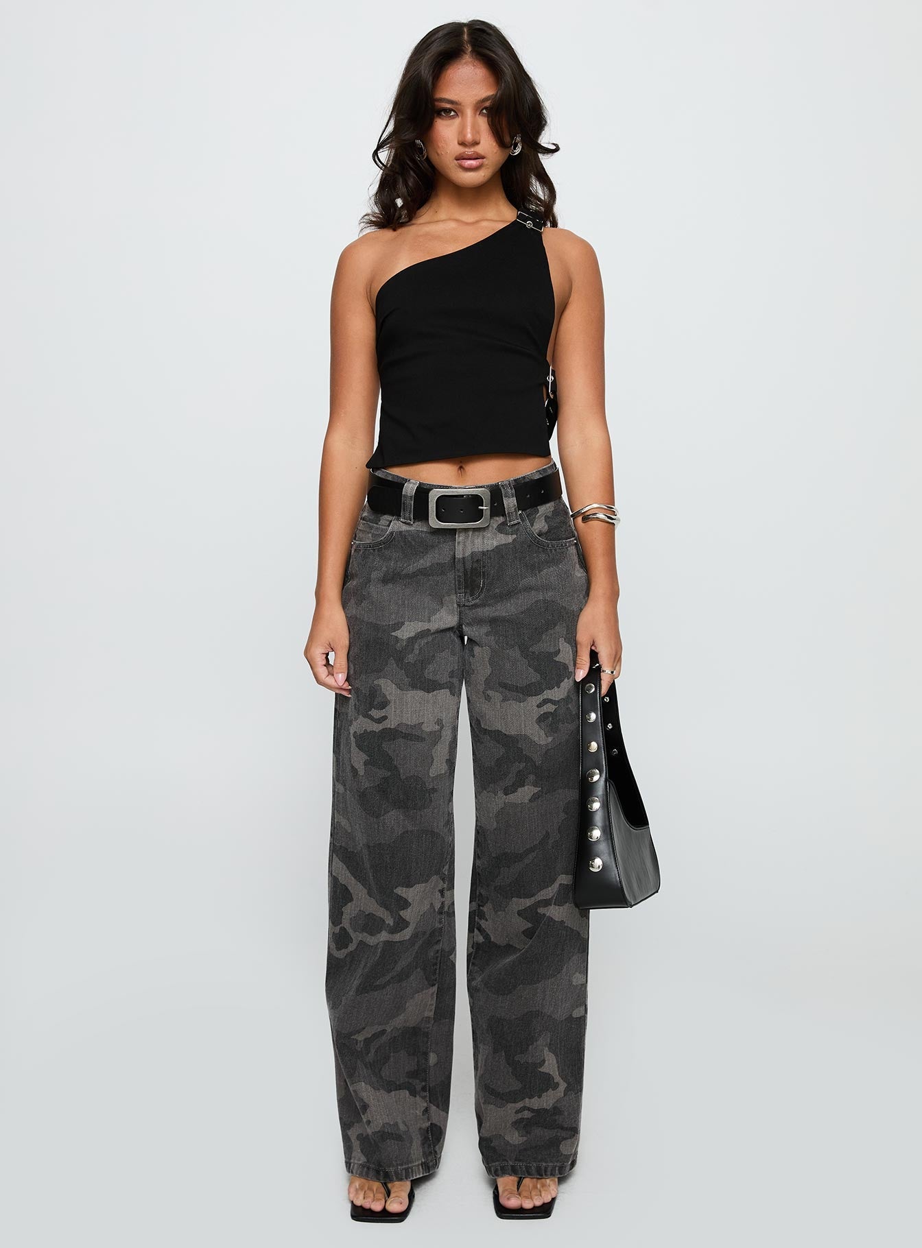 Buckled Down One Shoulder Top Black
