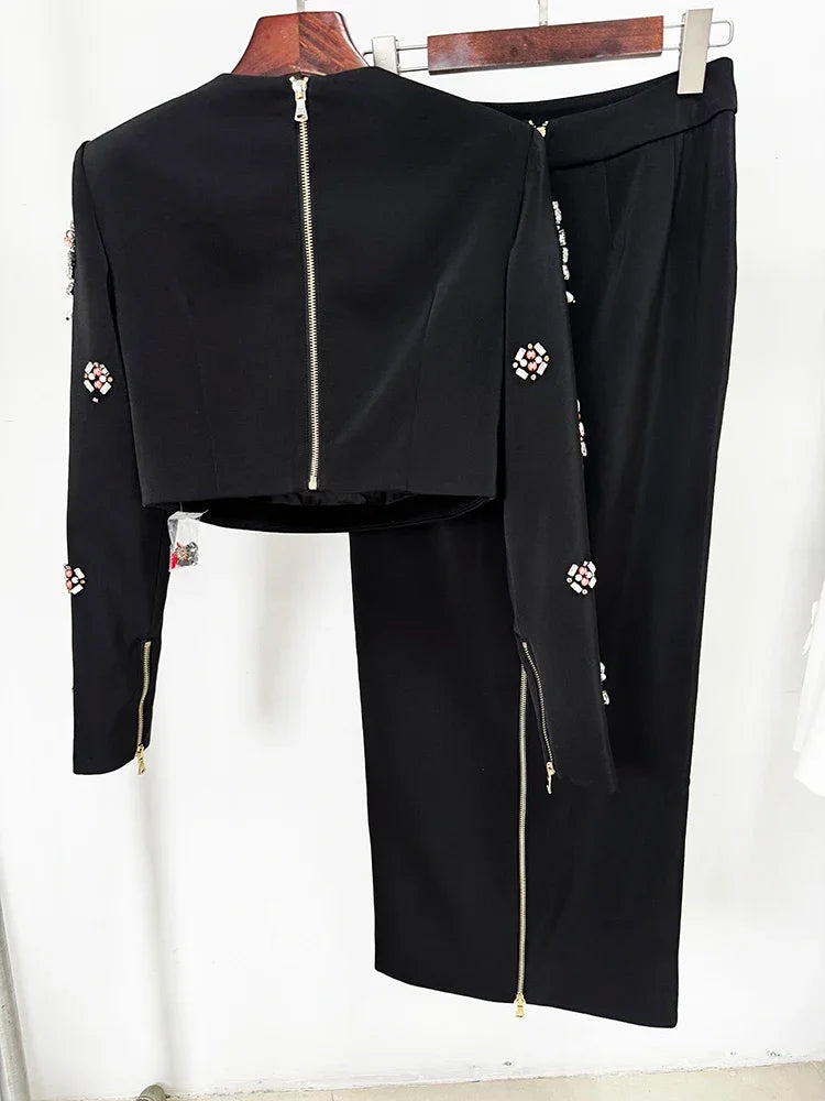 Flower Diamond Inlaid Short Top + Midi Skirt Set