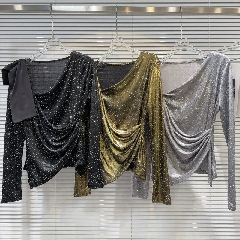 Hot Diamond Slanted Neck Pleated Mesh Top