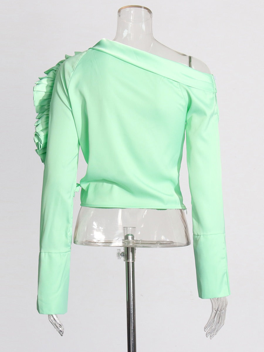 Diagonal Shoulder 3D Flower Splicing Shirt