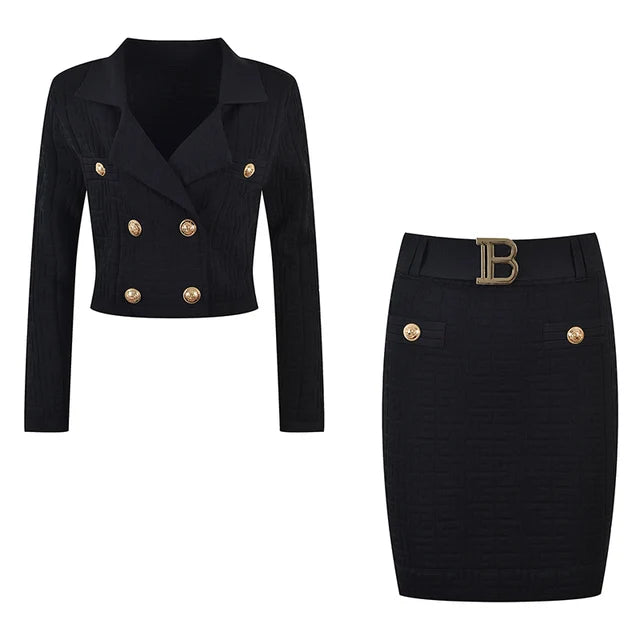 Jacquard Knitted Long Sleeve Collar Top + Mini Skirt Set