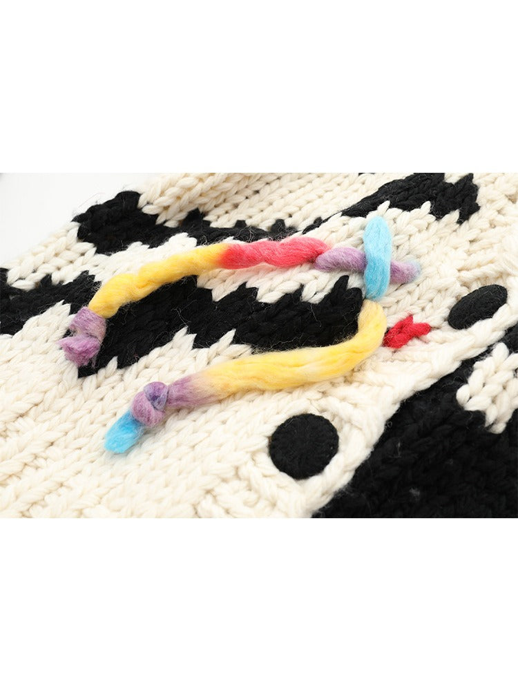 Handmade Needle Hook Tassel V-Neck Thickened Knit Cardigan