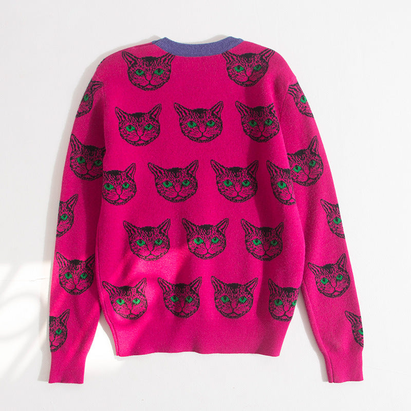 Jacquard Cute Cat Round Neck Knitted Sweater