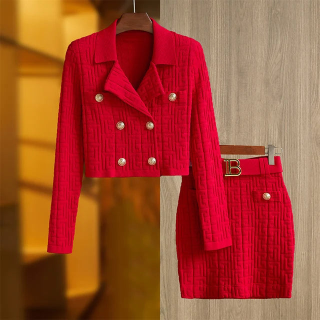 Jacquard Knitted Long Sleeve Collar Top + Mini Skirt Set
