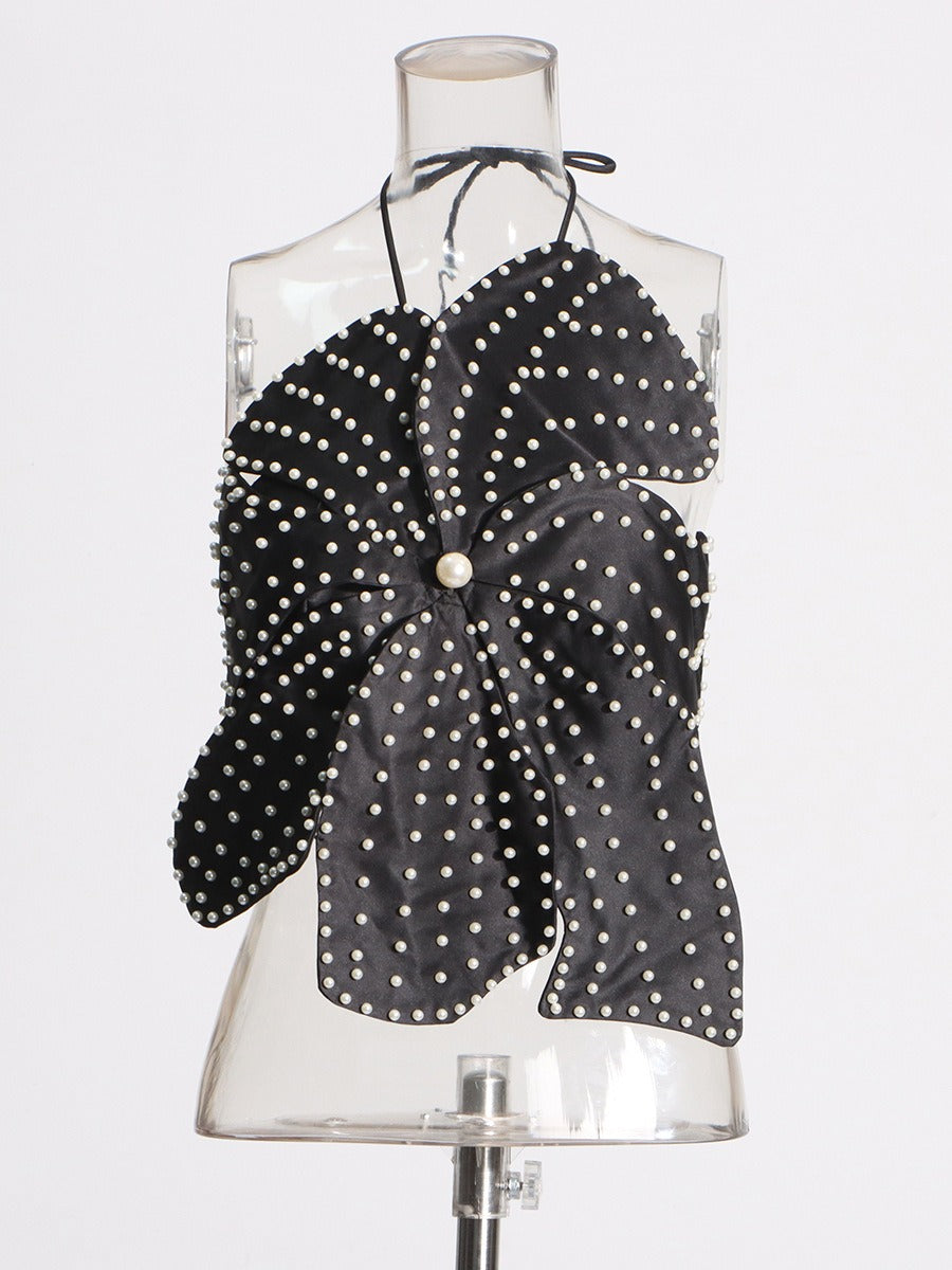 Handmade Faux Pearl Flower Backless Halter Neck Top