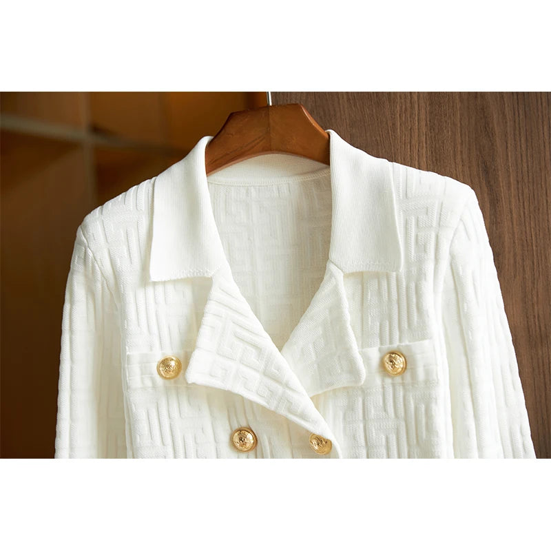 Jacquard Knitted Long Sleeve Collar Top + Mini Skirt Set