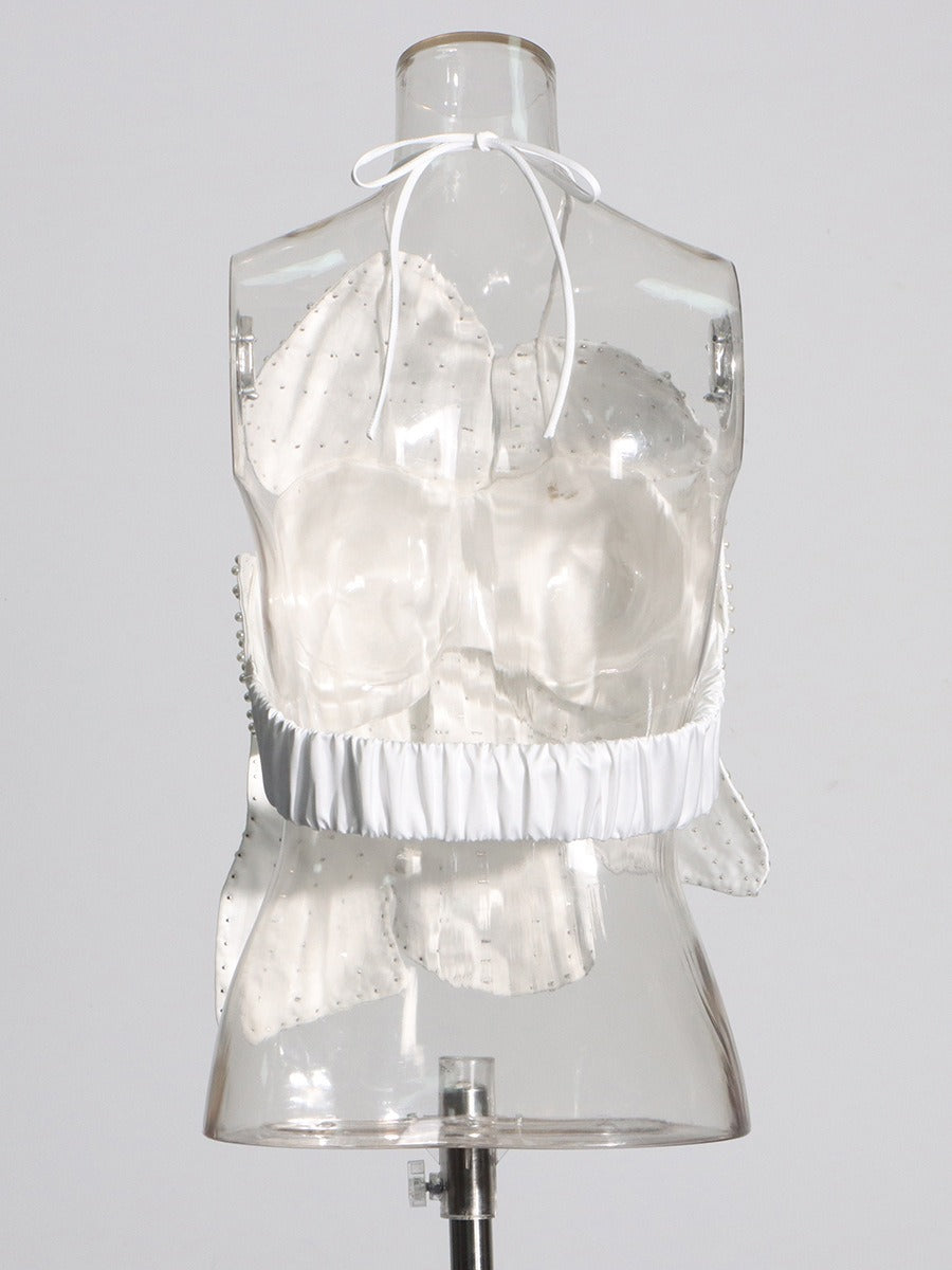 Handmade Faux Pearl Flower Backless Halter Neck Top