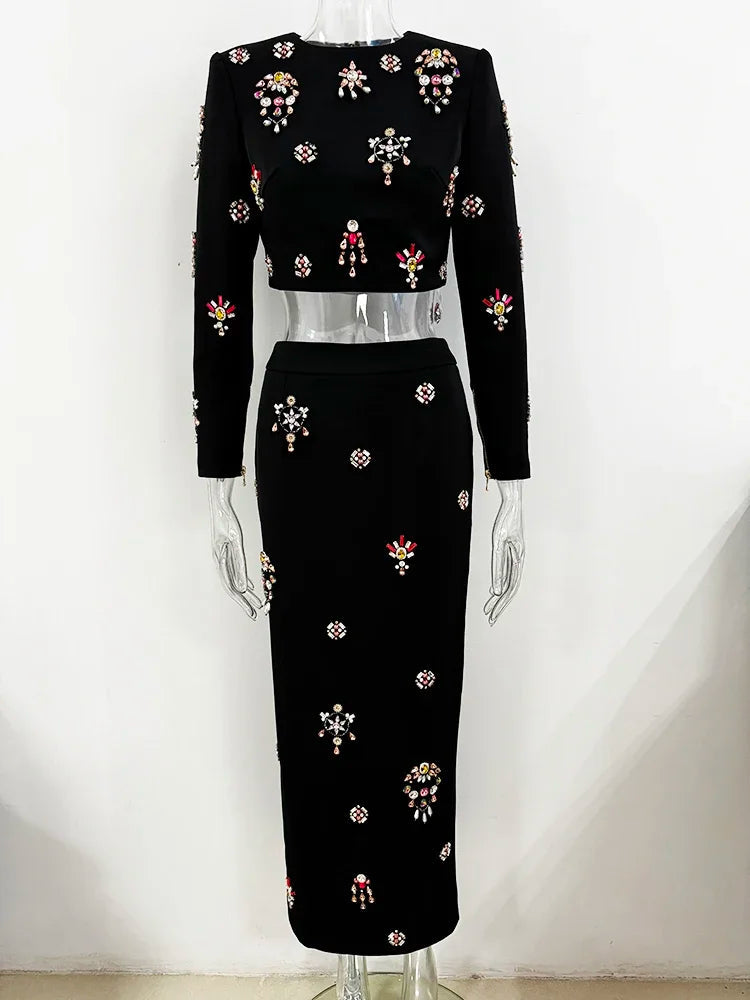 Flower Diamond Inlaid Short Top + Midi Skirt Set