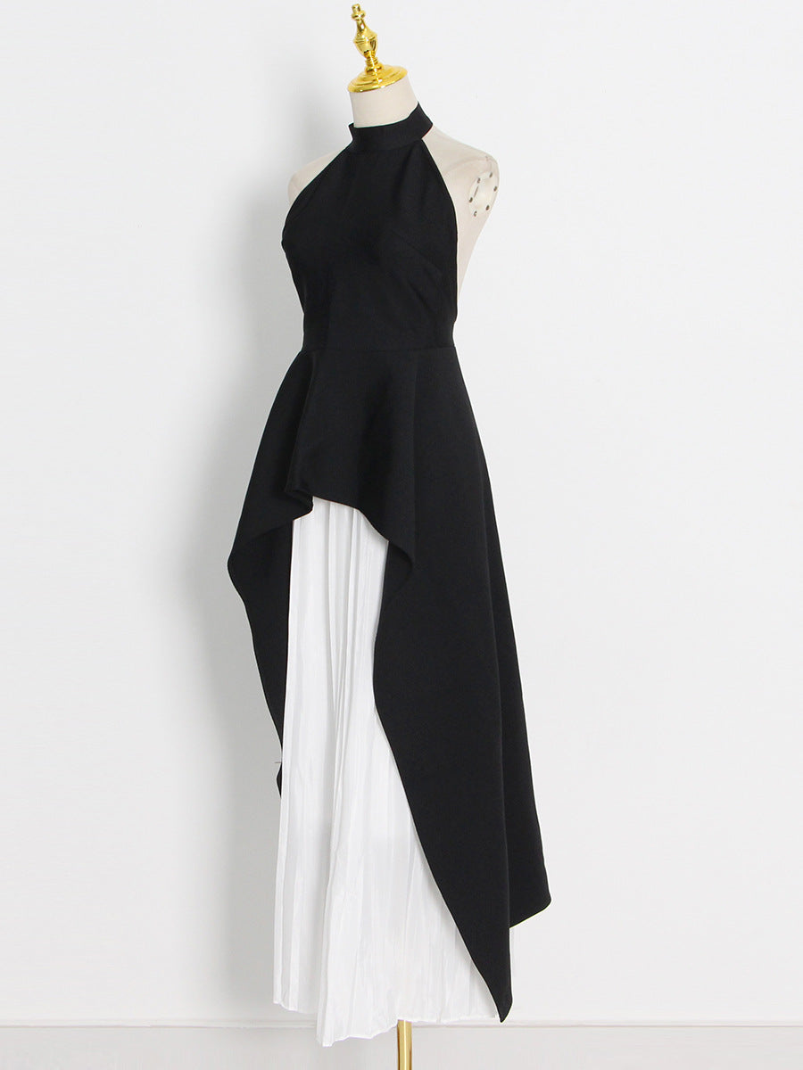Halter Neck Sleeveless Irregular Top + Pleated Skirt Set