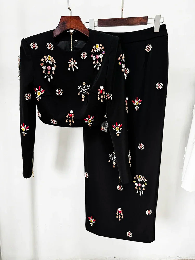 Flower Diamond Inlaid Short Top + Midi Skirt Set