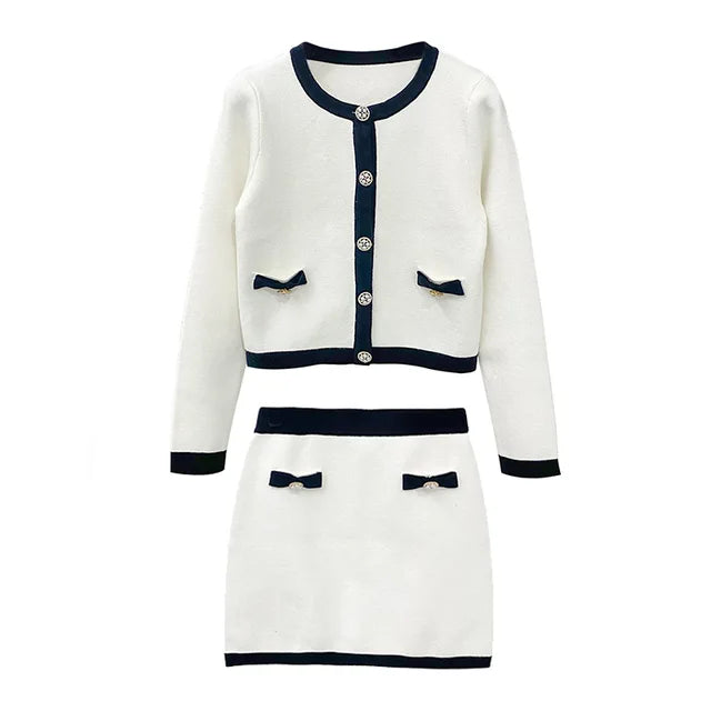 Classy Ivory White Knitted Round Neck Top + Skirt Set