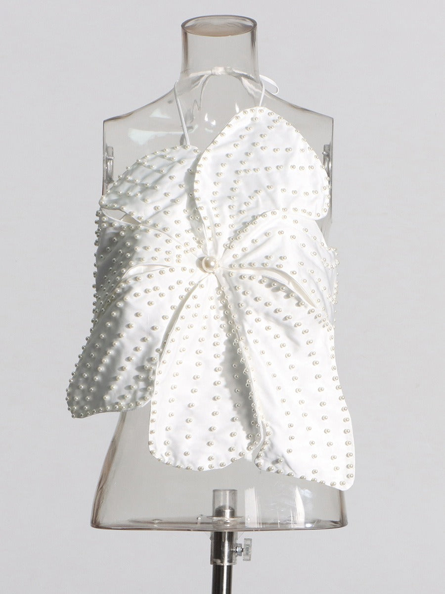 Handmade Faux Pearl Flower Backless Halter Neck Top