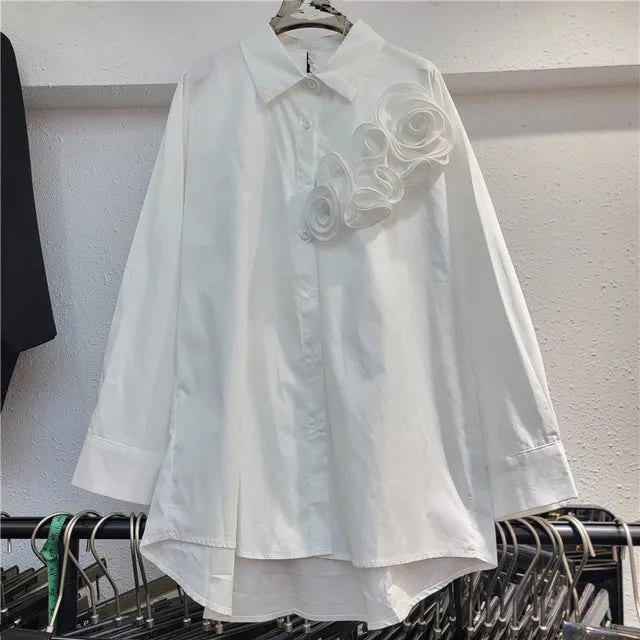 3D Flower Loose Solid Long Sleeved Casual Shirt