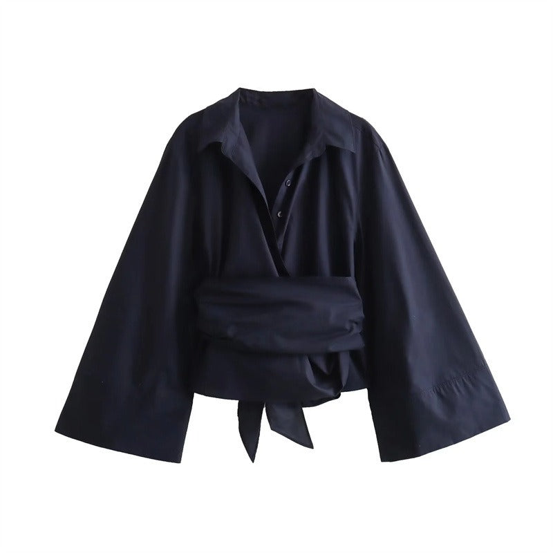 Kimono-Like Collar Back Bow Shirt