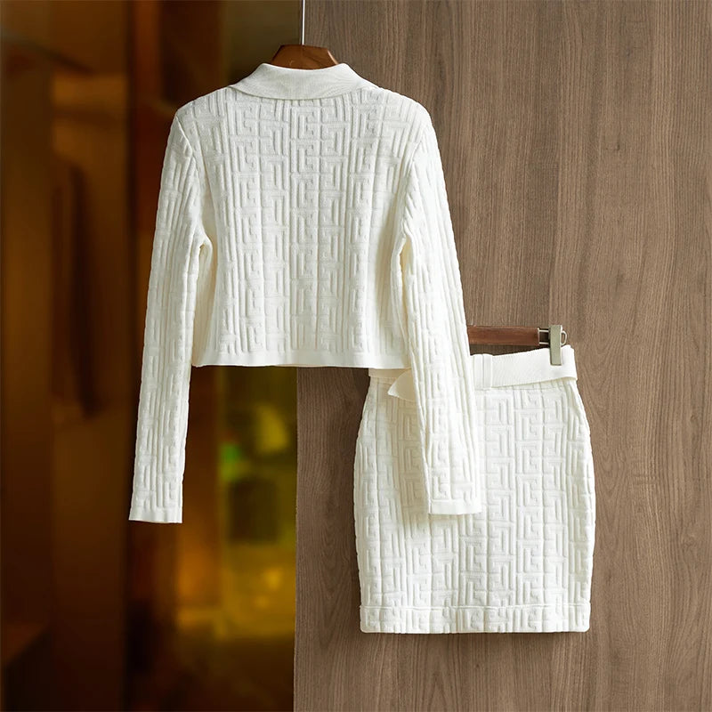 Jacquard Knitted Long Sleeve Collar Top + Mini Skirt Set