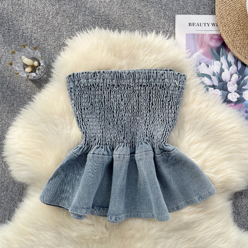 Elastic Denim Ruffle Tube Top
