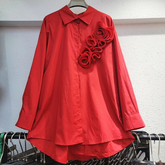 3D Flower Loose Solid Long Sleeved Casual Shirt