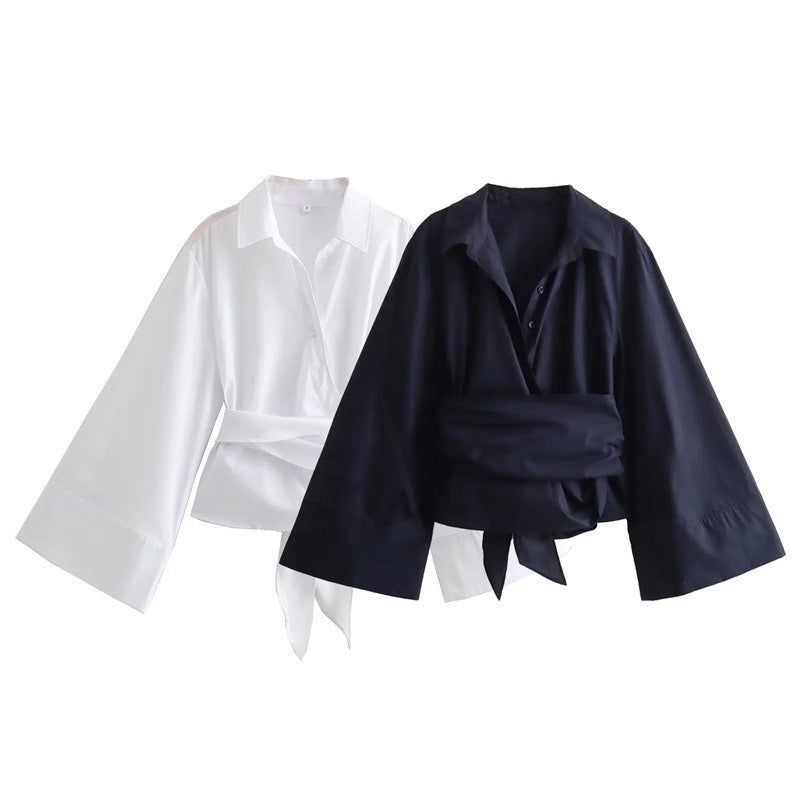 Kimono-Like Collar Back Bow Shirt