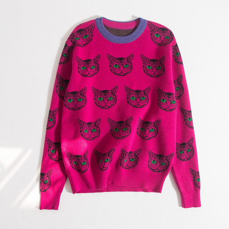 Jacquard Cute Cat Round Neck Knitted Sweater