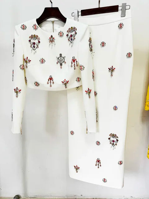 Flower Diamond Inlaid Short Top + Midi Skirt Set