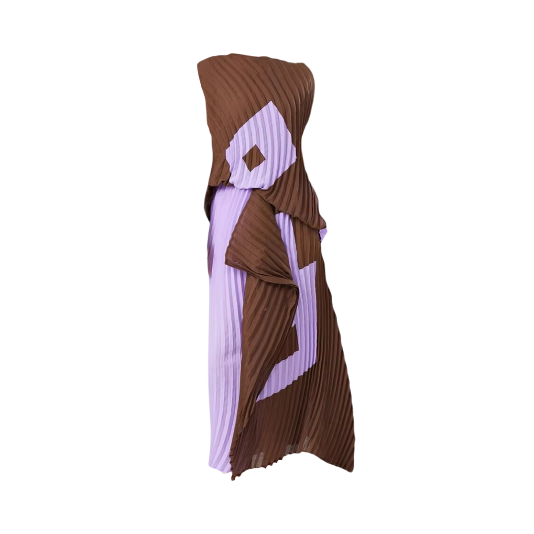 Irregular Contrast Pleated Sleeveless Top + Skirt Set