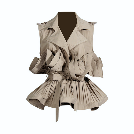 Khaki V-Neck Pleated Sleeveless Top