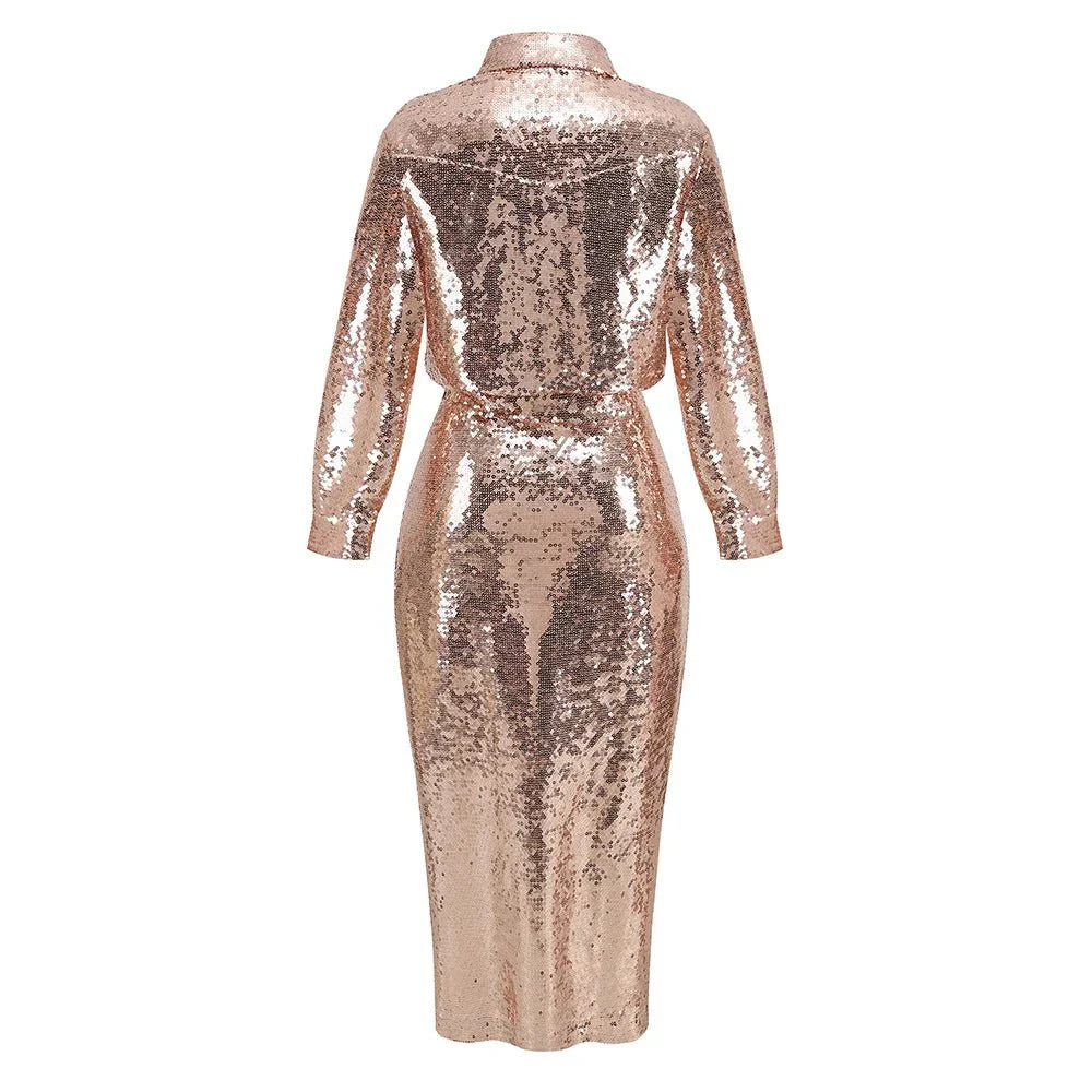 Gold High Slit Sequined Top+Skirt Set