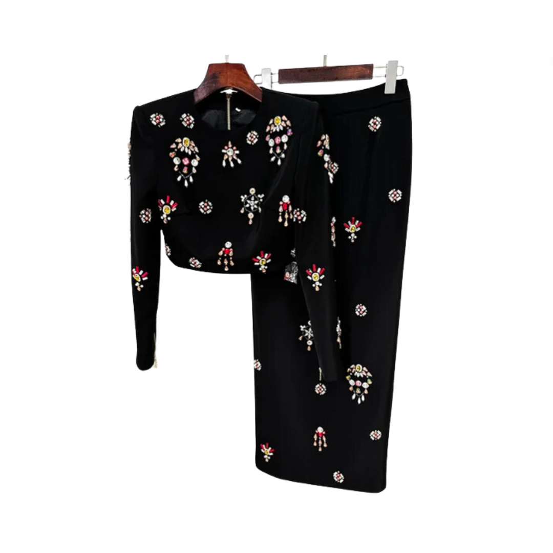 Flower Diamond Inlaid Short Top + Midi Skirt Set