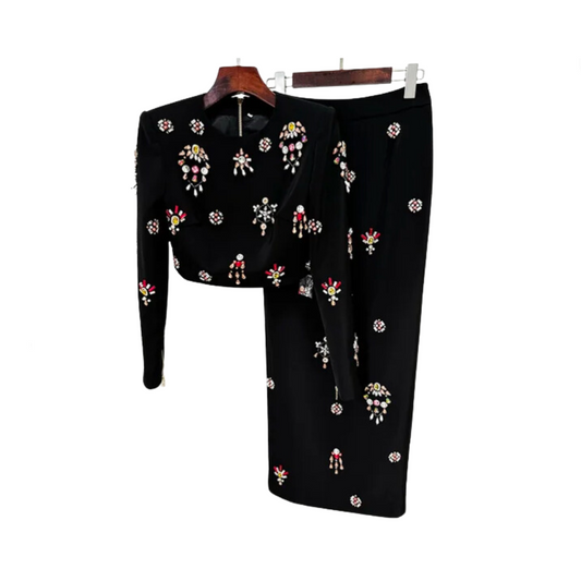 Flower Diamond Inlaid Short Top + Midi Skirt Set