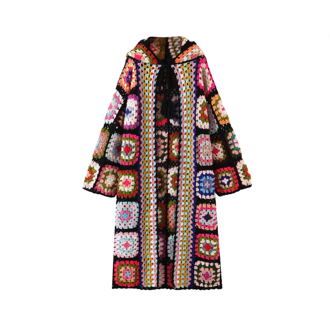 Handmade Bohemian Plaid Flower Hooded Cardigan