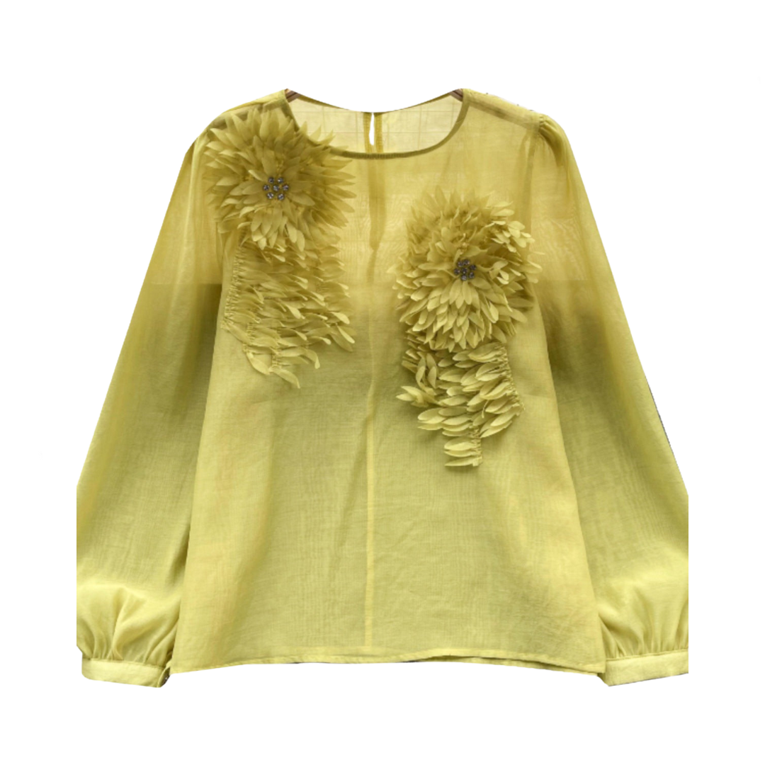 3D Flower Slim Fit Bubble Sleeve Blouse